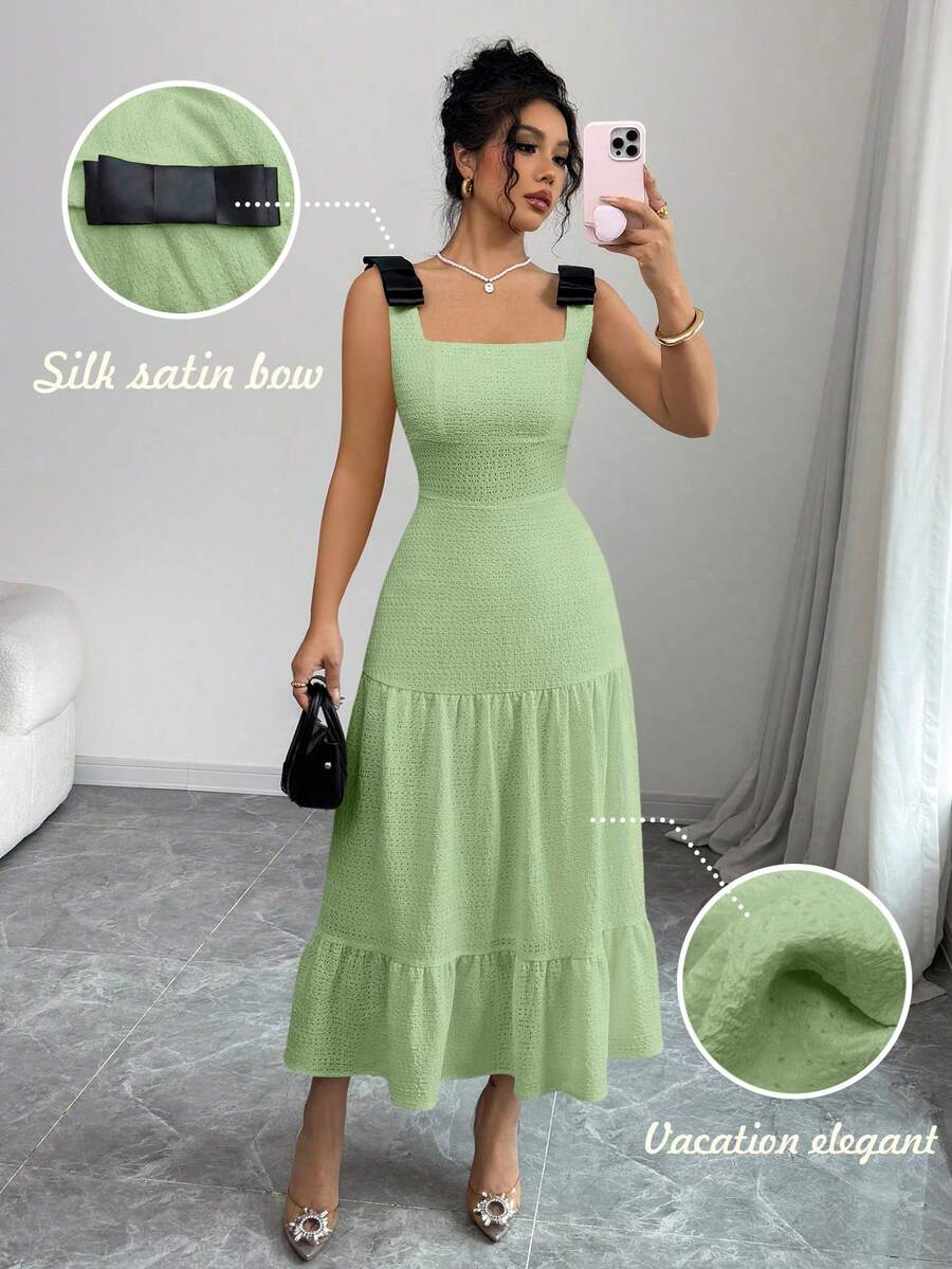 Elenzga Vestido de playa de punto bordado con lazo y bloques de color para fiesta y vacaciones - Verde Pastel - Ver 1