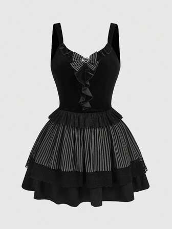 Goth Vestido negro sin mangas con parches de talla grande