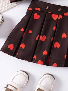 SHEIN Elladie kids Young Girl Heart Print Collar Sleeveless Top And Pleated Mini Skirt Casual Vacation Outfit
