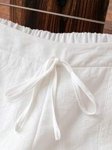 SHEIN Tall Women's Elegant French Style Vacation Casual Linen-Look White Lining Pocket Pants - White - View 4