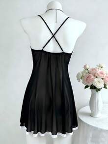 Sweetra Elegant Sexy Romantic Polka Dot Sheer Chiffon Contrast Lace Sleeveless Spaghetti Strap Dress, Design Sense Umbrella Skirt, Atmosphere Seductive Date Nightgown, Spring/Summer/Fall - Black and White - View 2