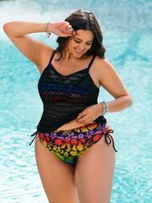 Swim Lushoire 大码女式两件套泳衣，不对称印花拼接网眼吊带比基尼 - 彩色 - 查看 7
