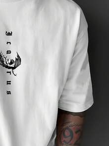 Manfinity Dauomo 男士休闲天使印花圆领落肩短袖T恤，夏季款 - 白色 - 查看 4