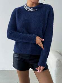 SHEIN Clasi Áo len cổ tròn đính hạt thanh lịch dành cho nữ, thích hợp cho mùa thu/đông và năm mới. - Màu xanh lam - Xem 5