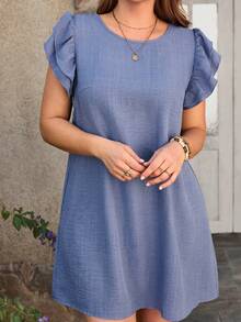 EMERY ROSE Plus Size Women Dusty Blue Round Neck Ruffle Sleeve Loose Casual Summer Dress,Boho Vacation Holiday Outfits,Solid Color Country Style Spring Clothing - Blue - View 4