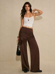 Poéselle 女士巧克力色缎面阔腿裤，不对称蕾丝拼接，高腰丝滑长裤，巧克力棕色缎面阔腿裤，蕾丝边饰长裤，情人节礼物 - 鏽棕色 - 查看 8