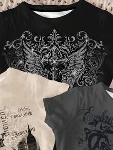 3件套米色、深灰色、黑色复古朋克哥特风印花少女修身休闲舒适圆领长袖T恤，适合春夏日常穿着，复古风 - 彩色 - 查看 6