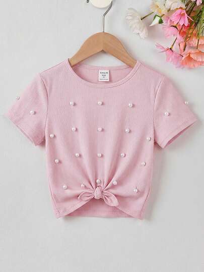 SHEIN Young Girl Pearl Decor Elegant Round Neck Short Sleeve T-Shirt