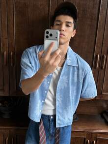 SWAVVY New Spring/Summer Jacquard Floral Blue & White Casual Vacation Party Short Sleeve Shirt Light Blue Graphic Shirt Light Blue Floral Men Shirt Vintage Men Shirt Baby Blue Shirt Men Graphic Blue Hawaiian Shirt - Blue - View 7
