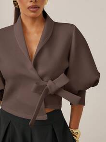 Vixey Women's Solid Color Twist Waist Design Fashionable Versatile Date Night Lantern Sleeve Top - Coffee Brown - View 4