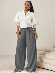 Vixey Women's Solid Color Pleated Pocket Casual Versatile Commuting Wide Leg Pants - Light Grey - View 3