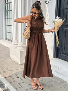 SHEIN Frenchy فستان نسائي كاجوال بلون أحادي بدون أكمام متوسط الطول - بني - مشاهدة 6