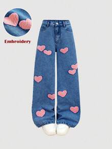 SHEIN Girls' Pink Heart Embroidered Pattern Blue Denim Loose Fit Pants - Dark Wash - View 2