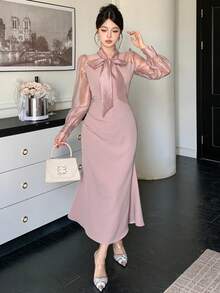 DAZY 女士优雅拼接系领泡泡袖褶裥中长连衣裙，秋冬款