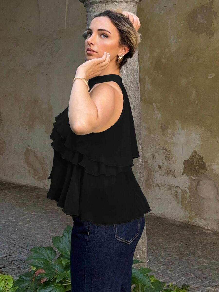 Jeta Ari Loose Fit Neck Tie Ruffle Hem Asymmetrical Chiffon Blouse - Black - View 1