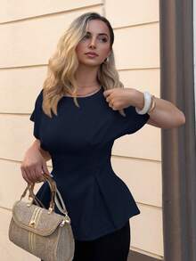 Jeta Ari 女士优雅通勤和度假复古风格毕业季日常百搭杏黄竹纹理面料圆领短袖收腰 X 设计常规衬衫，夏季 - 藏蓝色 - 查看 6