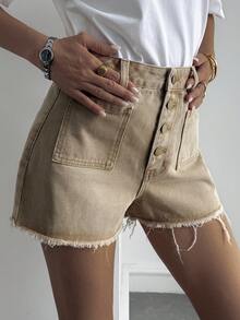Livesso Women's Casual Frayed Hem Denim Shorts, Summer - Khaki - View 3