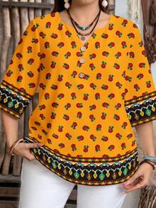EMERY ROSE Plus Size Casual Vintage Floral Print V-Neck Blouse, Suitable For Summer, Summer Top, Yellow Top,Vacation/Summer/Spring - Multicolor - View 4