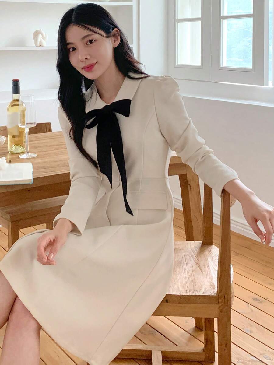 DAZY Women's Spring/Autumn French Elegant Elegant Office/Commute Color Block Bow Tie Waist Knee-Length Dress