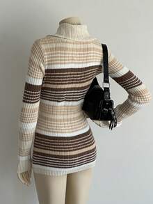 Elamini Casual Striped Sweater, Women's Winter Top Sweater Dress Womens Sweaters Knit Dress - Grey - View 3