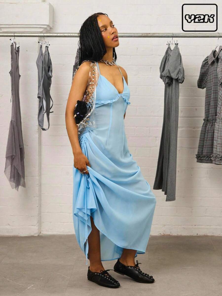 COUREZ 吊带瀑布式长款连衣裙 / Y2K 秋季女装街头风外出服婚礼宾客礼服生日礼服 - 藍色 - 查看 1