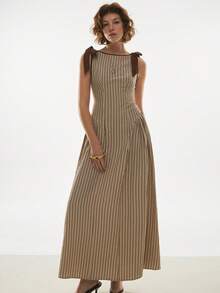 Poéselle 女士条纹蝴蝶结肩部装饰圆领无袖中长连衣裙 - 棕色 - 查看 4