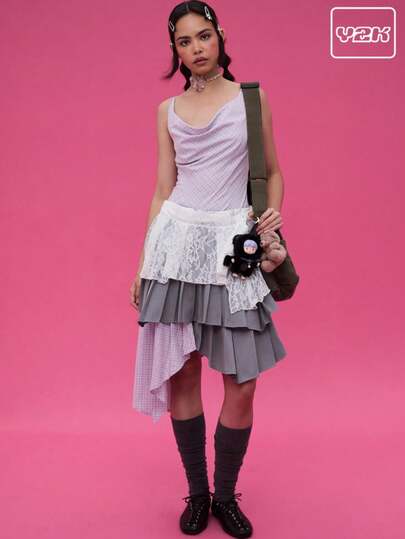 COUREZ 格纹蕾丝多层解构中长连衣裙 / Y2K 风格外出穿搭 秋季女装 秋季服装 可爱冬季女装 婚礼宾客礼服