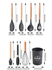 12 piezas Juego de utensilios de cocina de silicona con mangos de madera y cubo de almacenamiento - Negro - Ver 4