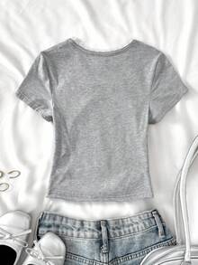 SHEIN 少女休闲百搭圆领蕾丝拼接精致数字字母刺绣修身褶皱针织纯色T恤，浅灰色 - 淺灰色 - 查看 2