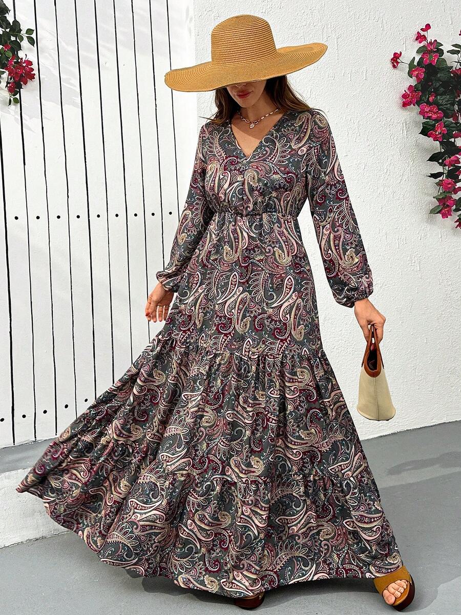 Cloudara 波西米亚佩斯利印花长袖连衣裙——飘逸复古风，休闲度假两相宜 - 彩色 - 查看 1