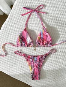 Swim Vcay Bộ bikini hai mảnh buộc cổ in họa tiết ngẫu nhiên, trang trí kim loại, dành cho nữ, thích hợp cho mùa xuân/hè. - Nhiều màu - Xem 2