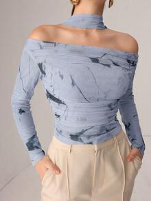 Modelyn Autumn Knitted Sexy Sheer Mesh Ribbon Print T-Shirt Off Shoulder Long Sleeve Baby Blue Top Women Off Shoulder Shirt - Blue - View 4
