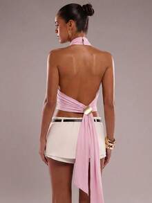 SHEIN BAE Women's Solid Color Halter Tie Backless Metal Decor Ribbon Design Fashionable Versatile Party Top,Summer Top - Baby Pink - View 1