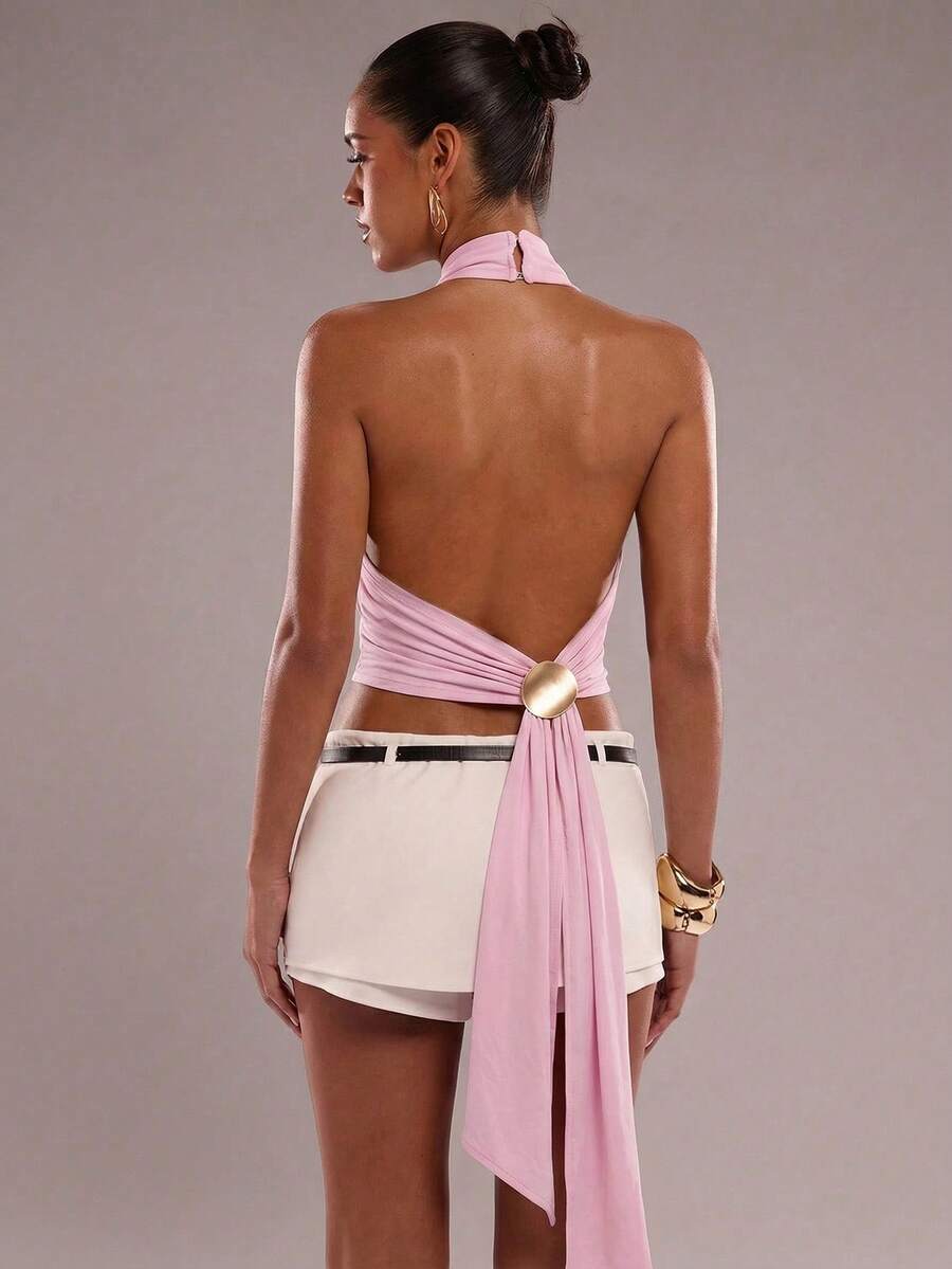 SHEIN BAE Women's Solid Color Halter Tie Backless Metal Decor Ribbon Design Fashionable Versatile Party Top,Summer Top - Baby Pink - View 1