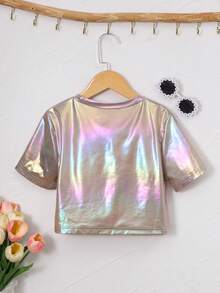 Tween Girls' Casual Versatile Round Neck Short Sleeve T-Shirt, For Daily Wear - Multicolor - View 2