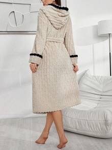 Lazeform Contrast Color Pom-Pom Hooded Jacquard Plush Ladies Robe, For Fall Winter, Cozy Outfit, Fluffy - Apricot - View 3