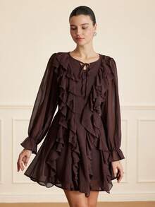 Aveloria Rosie French Ruffle V-Neck Asymmetrical Layered Long Sleeve Dress - Brown - View 1