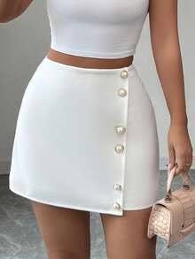 SHEIN Elenzya Damen A-Linie Rock mit Perlenknopf-Dekor, minimalistischer College-Stil Pendler-Lässig-Wear, geeignet für Ausgehen, Dates, Einkaufen, Zuhause, Frühling/Sommer - Weiss - Übersicht 5