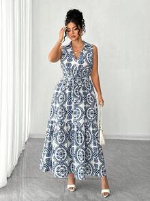 SHEIN Elenzya Elenzga 大码优雅花卉V领长款连衣裙，适合度假/旅行 - 藍色 - 查看 4