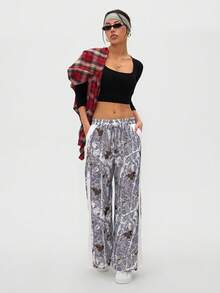 SHEIN LUNE Women's Casual Girlisim Loose Fit Maple Leaf Print Pocket Palazzo Pants, Autumn Golf Pastal - Multicolor - View 4