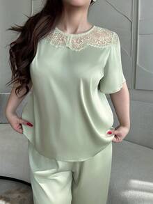 Dazy Plus 2件套加大码女式撞色蕾丝宽松短袖上衣和长裤睡衣套装，春夏款 - 薄荷綠 - 查看 1
