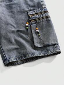 ROMWE MEN Men's Loose Fit Pocketed Zipper Design Wide Leg Casual Denim Shorts - Black - View 8