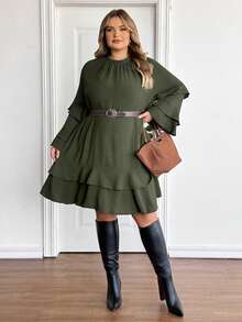 SHEIN CURVE+ Plus Size Dark Green Casual Dress, Suitable For Everyday Wear And Commuting - Green - View 6
