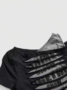 ROMWE Grunge Punk Y2K性感宝贝不对称下摆字母印花做旧设计不对称肩部修身女式T恤 - 黑色 - 查看 3