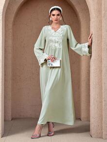 Al Najma 女士复古V领优雅长袖花卉装饰阿拉伯风格连衣裙 - 綠色 - 查看 6