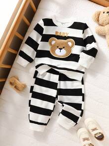 SHEIN Top de manga larga con cuello redondo a rayas para bebé niño en primavera/otoño, con decoración adorable de oso gráfico, combinada con pantalones casuales de corte slim, adecuado para salidas, uso en casa, actividades de ocio y fiestas de cumpleaños - Negro - Ver 3