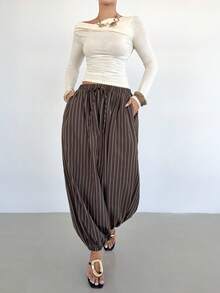 Siren Gaze Quần ống rộng thời trang cạp chun kẻ sọc cho nữ - màu nâu - Xem 6