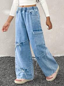 Tween Girls Spring/Summer,Streetwear Chic,Cute Blue Bow Baggy Jeans,Straight-Leg Pants - Blue - View 2