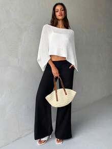 Aloruh Suéter de punto transparente elegante para primavera/verano, vacaciones en la playa para mujeres, blusa para salir para mujeres, blusa de verano, vacaciones de verano, poncho de punto blanco - Albaricoque - Ver 5