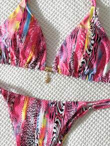 Swim Vcay Bộ bikini hai mảnh buộc cổ in họa tiết ngẫu nhiên, trang trí kim loại, dành cho nữ, thích hợp cho mùa xuân/hè. - Nhiều màu - Xem 3